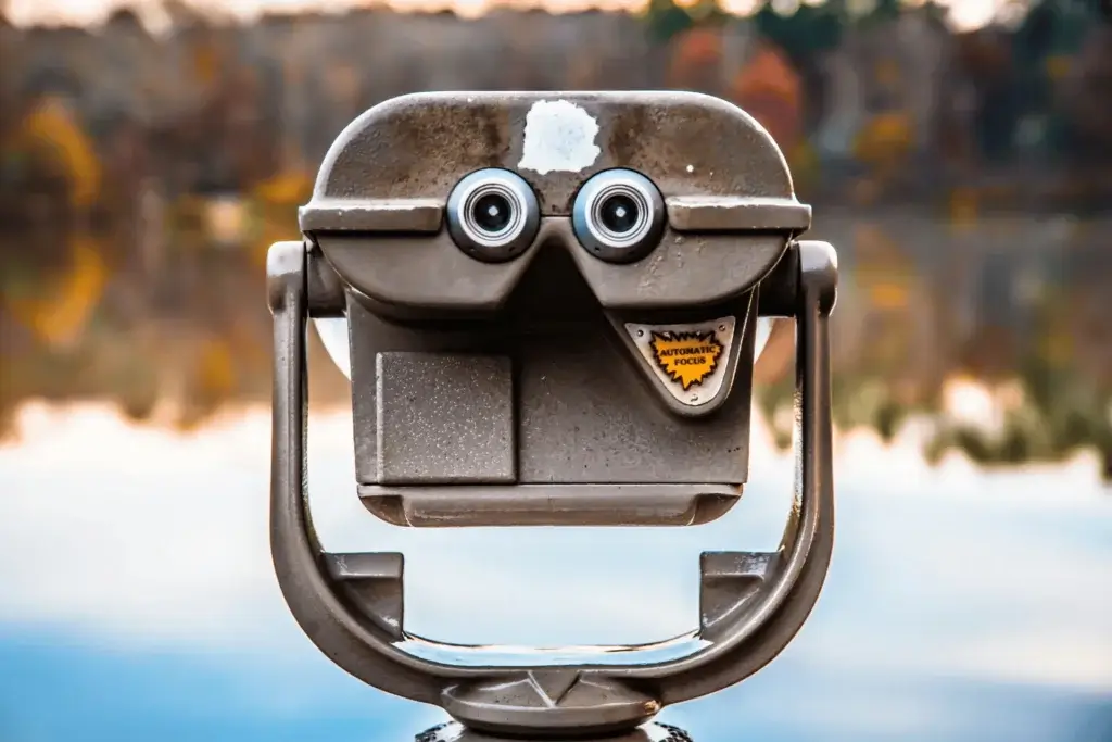 A viewer looking out at a lake and woods that are not in focus