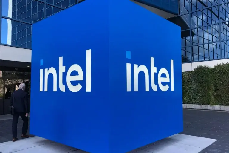 A cube of the Intel logo world headquarters in Santa Clara, CA.