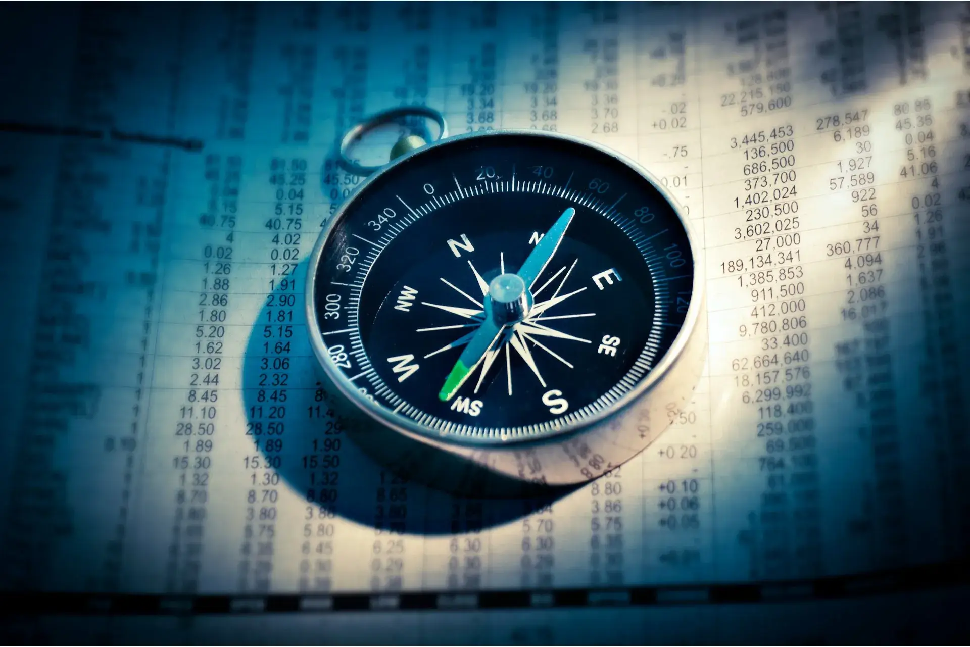 A compass sitting the financial section of a newspaper.