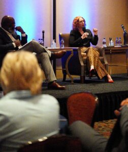 Shawn Best and Laura Maher-Frozst from the Community Foundation for Southern Arizona speak at Hacienda Del Sol in Tucson, AZ.